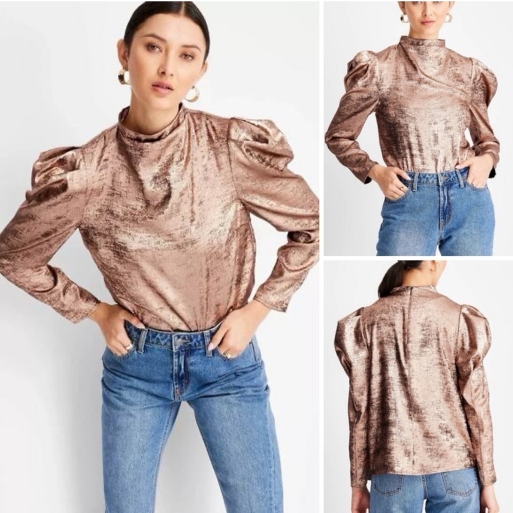 Future Collective Kahlana Barfield Rose Gold Metallic Blouse Size XXS